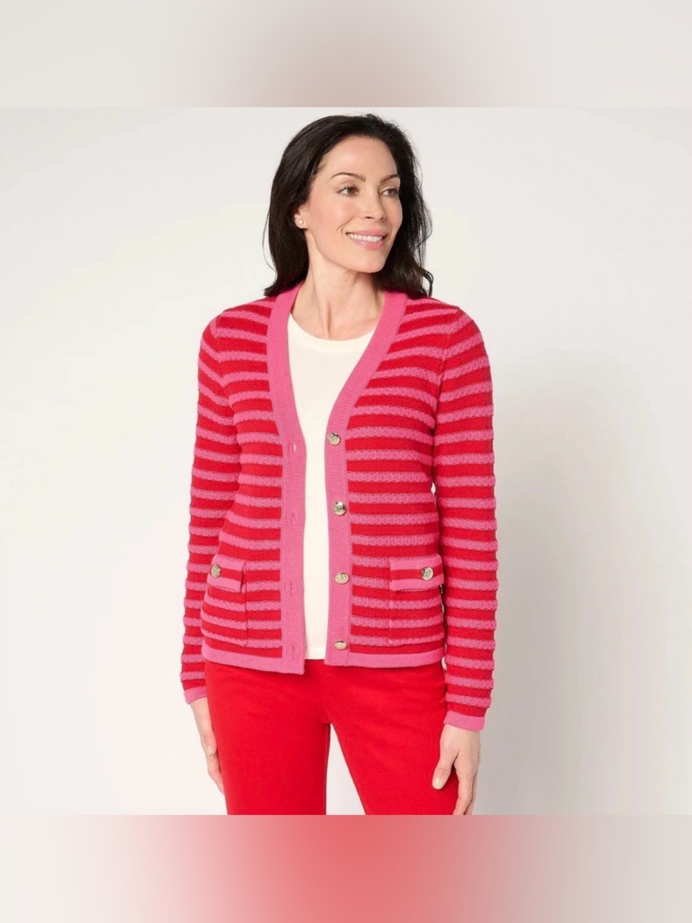 NWT Isaac Mizrahi Live! Pink Red Striped Button Cardigan Sweater Plus Size 1X